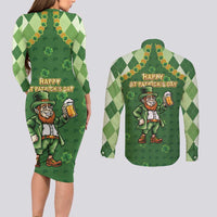 Happy St Patrick's Day Couples Matching Long Sleeve Bodycon Dress and Long Sleeve Button Shirt Leprechaun With Beer