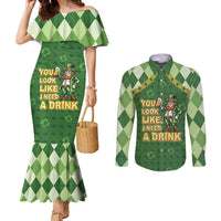 Happy St Patrick's Day Couples Matching Mermaid Dress and Long Sleeve Button Shirt Leprechaun With Beer