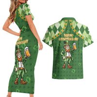 Happy St Patrick's Day Couples Matching Short Sleeve Bodycon Dress and Hawaiian Shirt Leprechaun With Beer