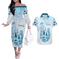 Kentucky Horse Racing Couples Matching Off The Shoulder Long Sleeve Dress and Hawaiian Shirt 151st Anniversary Blue Version LT05