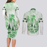 Kentucky Horse Racing Couples Matching Long Sleeve Bodycon Dress and Long Sleeve Button Shirt 151st Anniversary Green Version LT05