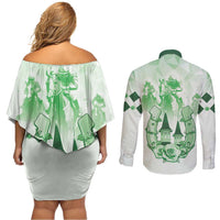 Kentucky Horse Racing Couples Matching Off Shoulder Short Dress and Long Sleeve Button Shirt 151st Anniversary Green Version LT05