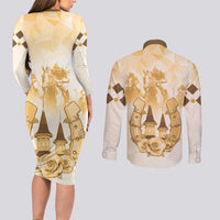Kentucky Horse Racing Couples Matching Long Sleeve Bodycon Dress and Long Sleeve Button Shirt 151st Anniversary Beige Version LT05