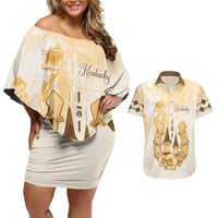 Kentucky Horse Racing Couples Matching Off Shoulder Short Dress and Hawaiian Shirt 151st Anniversary Beige Version LT05