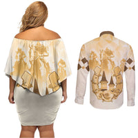 Kentucky Horse Racing Couples Matching Off Shoulder Short Dress and Long Sleeve Button Shirt 151st Anniversary Beige Version LT05