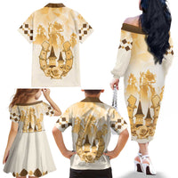 Kentucky Horse Racing Family Matching Off The Shoulder Long Sleeve Dress and Hawaiian Shirt 151st Anniversary Beige Version LT05