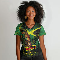 One Love Jamaica Women V-Neck T-Shirt Rastafarian Lion Reggae Grunge Style