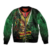 One Love Guyana Sleeve Zip Bomber Jacket Rastafarian Lion Reggae Grunge Style