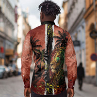 One Love Trinidad And Tobago Long Sleeve Button Shirt Rastafarian Lion Reggae Grunge Style