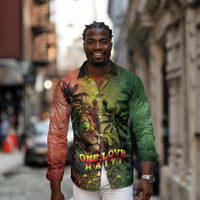 One Love Afro Haiti Long Sleeve Button Shirt Rastafarian Lion Reggae Grunge Style