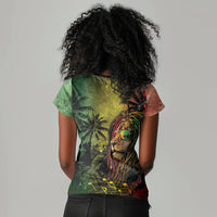 One Love Afro Haiti Women V-Neck T-Shirt Rastafarian Lion Reggae Grunge Style
