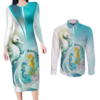 Bahamas Seahorse Couples Matching Long Sleeve Bodycon Dress and Long Sleeve Button Shirt Ocean Spirit - Wonder Print Shop