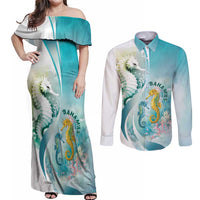 Bahamas Seahorse Couples Matching Off Shoulder Maxi Dress and Long Sleeve Button Shirt Ocean Spirit - Wonder Print Shop