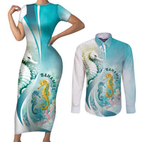 Bahamas Seahorse Couples Matching Short Sleeve Bodycon Dress and Long Sleeve Button Shirt Ocean Spirit - Wonder Print Shop