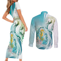 Bahamas Seahorse Couples Matching Short Sleeve Bodycon Dress and Long Sleeve Button Shirt Ocean Spirit - Wonder Print Shop