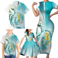 Bahamas Seahorse Family Matching Short Sleeve Bodycon Dress and Hawaiian Shirt Ocean Spirit - Wonder Print Shop