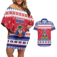 Haiti Christmas Couples Matching Off Shoulder Short Dress and Hawaiian Shirt Coat Of Arms Jwaye Nwel - Wonder Print Shop
