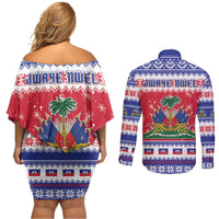 Haiti Christmas Couples Matching Off Shoulder Short Dress and Long Sleeve Button Shirt Coat Of Arms Jwaye Nwel - Wonder Print Shop
