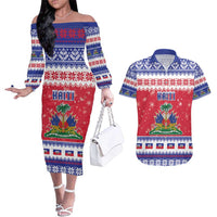 Haiti Christmas Couples Matching Off The Shoulder Long Sleeve Dress and Hawaiian Shirt Coat Of Arms Jwaye Nwel - Wonder Print Shop