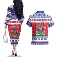 Haiti Christmas Couples Matching Off The Shoulder Long Sleeve Dress and Hawaiian Shirt Coat Of Arms Jwaye Nwel - Wonder Print Shop