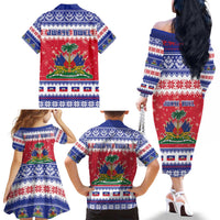Haiti Christmas Family Matching Off The Shoulder Long Sleeve Dress and Hawaiian Shirt Coat Of Arms Jwaye Nwel - Wonder Print Shop