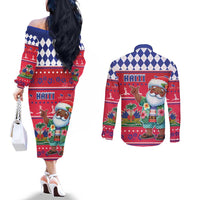 Haiti Christmas Couples Matching Off The Shoulder Long Sleeve Dress and Long Sleeve Button Shirt Haitian Santa Jwaye Nwel - Wonder Print Shop