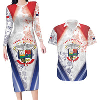 Panama Christmas Couples Matching Long Sleeve Bodycon Dress and Hawaiian Shirt Coat Of Arms Santa Harpy - Wonder Print Shop