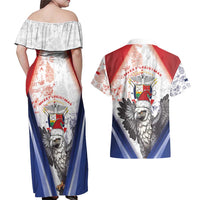 Panama Christmas Couples Matching Off Shoulder Maxi Dress and Hawaiian Shirt Coat Of Arms Santa Harpy - Wonder Print Shop