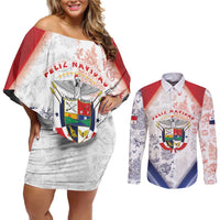 Panama Christmas Couples Matching Off Shoulder Short Dress and Long Sleeve Button Shirt Coat Of Arms Santa Harpy - Wonder Print Shop