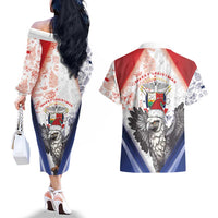 Panama Christmas Couples Matching Off The Shoulder Long Sleeve Dress and Hawaiian Shirt Coat Of Arms Santa Harpy - Wonder Print Shop