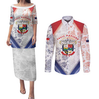 Panama Christmas Couples Matching Puletasi and Long Sleeve Button Shirt Coat Of Arms Santa Harpy - Wonder Print Shop