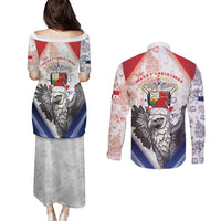 Panama Christmas Couples Matching Puletasi and Long Sleeve Button Shirt Coat Of Arms Santa Harpy - Wonder Print Shop
