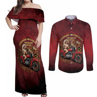 Native American Rider Couples Matching Off Shoulder Maxi Dress and Long Sleeve Button Shirt Legendary Motorcycle Vintage Pin Up Girl - Wonder Print Shop