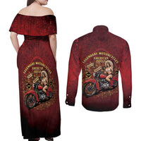 Native American Rider Couples Matching Off Shoulder Maxi Dress and Long Sleeve Button Shirt Legendary Motorcycle Vintage Pin Up Girl - Wonder Print Shop