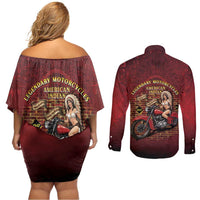 Native American Rider Couples Matching Off Shoulder Short Dress and Long Sleeve Button Shirt Legendary Motorcycle Vintage Pin Up Girl - Wonder Print Shop