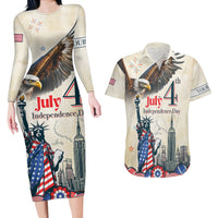 Personalised United States Independence Day Couples Matching Long Sleeve Bodycon Dress and Hawaiian Shirt Freedom 4th Of July Beige Version LT05 - Wonder Print Shop