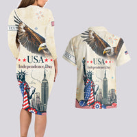 Personalised United States Independence Day Couples Matching Long Sleeve Bodycon Dress and Hawaiian Shirt Freedom 4th Of July Beige Version LT05 - Wonder Print Shop