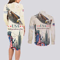 Personalised United States Independence Day Couples Matching Long Sleeve Bodycon Dress and Long Sleeve Button Shirt Freedom 4th Of July Beige Version LT05 - Wonder Print Shop