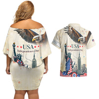 Personalised United States Independence Day Couples Matching Off Shoulder Short Dress and Hawaiian Shirt Freedom 4th Of July Beige Version LT05 - Wonder Print Shop