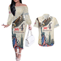 Personalised United States Independence Day Couples Matching Off The Shoulder Long Sleeve Dress and Hawaiian Shirt Freedom 4th Of July Beige Version LT05 - Wonder Print Shop