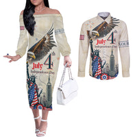 Personalised United States Independence Day Couples Matching Off The Shoulder Long Sleeve Dress and Long Sleeve Button Shirt Freedom 4th Of July Beige Version