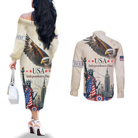 Personalised United States Independence Day Couples Matching Off The Shoulder Long Sleeve Dress and Long Sleeve Button Shirt Freedom 4th Of July Beige Version