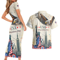 Personalised United States Independence Day Couples Matching Short Sleeve Bodycon Dress and Hawaiian Shirt Freedom 4th Of July Beige Version LT05 - Wonder Print Shop