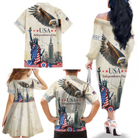 Personalised United States Independence Day Family Matching Off The Shoulder Long Sleeve Dress and Hawaiian Shirt Freedom 4th Of July Beige Version LT05 - Wonder Print Shop