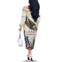 Personalised United States Independence Day Family Matching Off The Shoulder Long Sleeve Dress and Hawaiian Shirt Freedom 4th Of July Beige Version LT05 - Wonder Print Shop