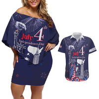 Personalised United States Independence Day Couples Matching Off Shoulder Short Dress and Hawaiian Shirt Freedom 4th Of July Navy Version LT05 - Wonder Print Shop