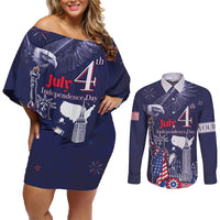 Personalised United States Independence Day Couples Matching Off Shoulder Short Dress and Long Sleeve Button Shirt Freedom 4th Of July Navy Version LT05 - Wonder Print Shop