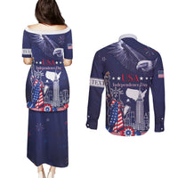 Personalised United States Independence Day Couples Matching Puletasi and Long Sleeve Button Shirt Freedom 4th Of July Navy Version LT05 - Wonder Print Shop