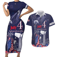 Personalised United States Independence Day Couples Matching Short Sleeve Bodycon Dress and Hawaiian Shirt Freedom 4th Of July Navy Version LT05 - Wonder Print Shop