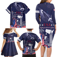 Personalised United States Independence Day Family Matching Long Sleeve Bodycon Dress and Hawaiian Shirt Freedom 4th Of July Navy Version LT05 - Wonder Print Shop
